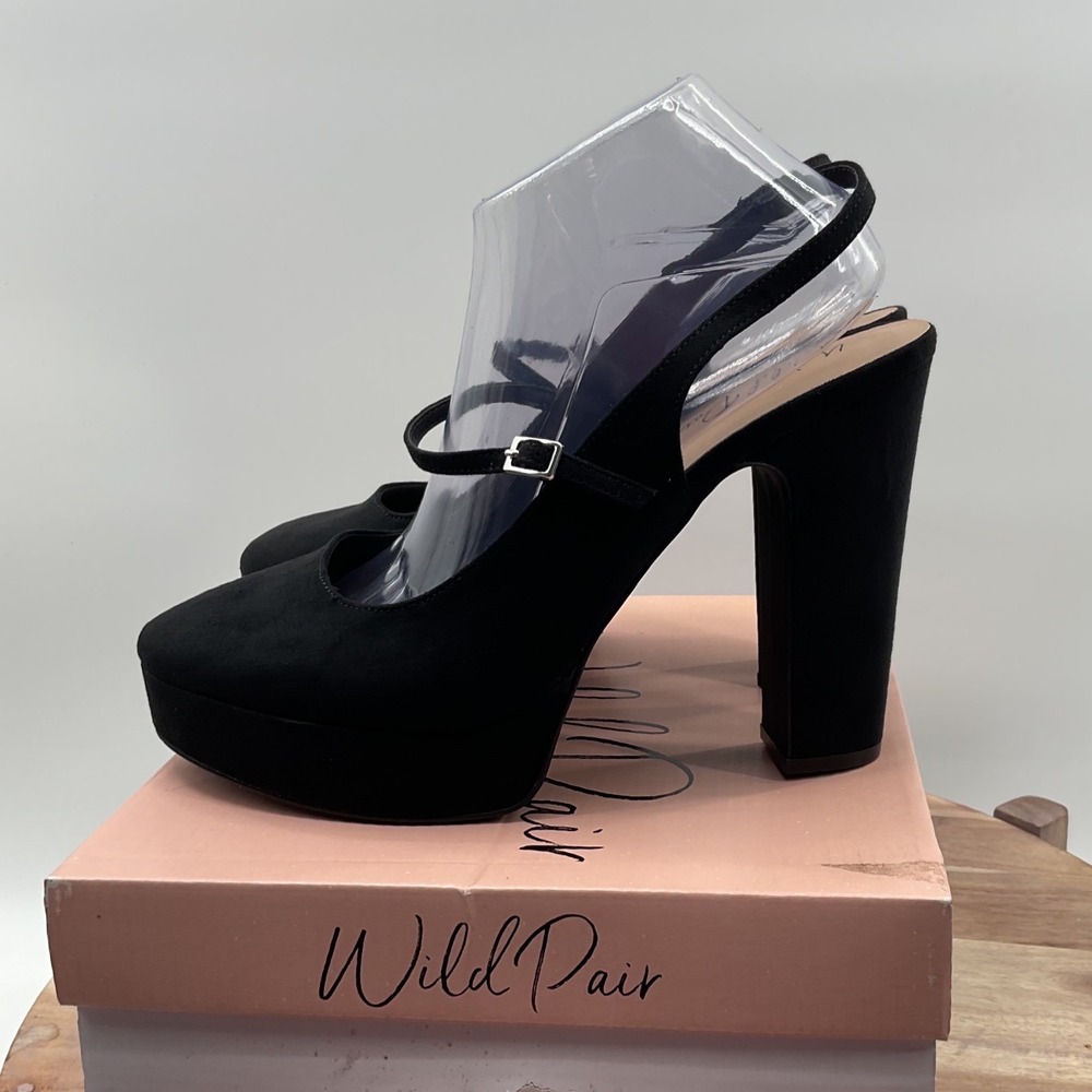 Wild Pair Ciehna Black Textile Platform Block Heel Slingback Pumps 11M F42199